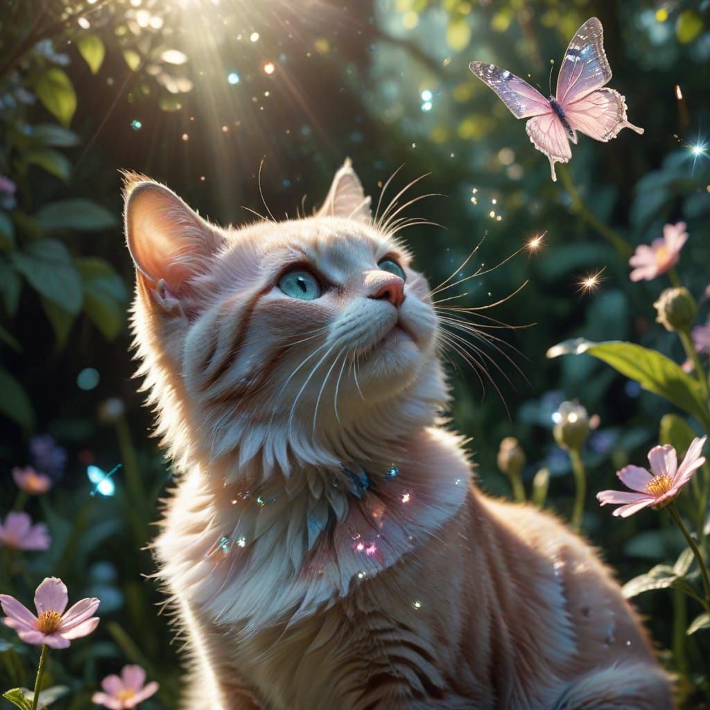 Crystal Butterfly on Cat's Nose in Magical Garden