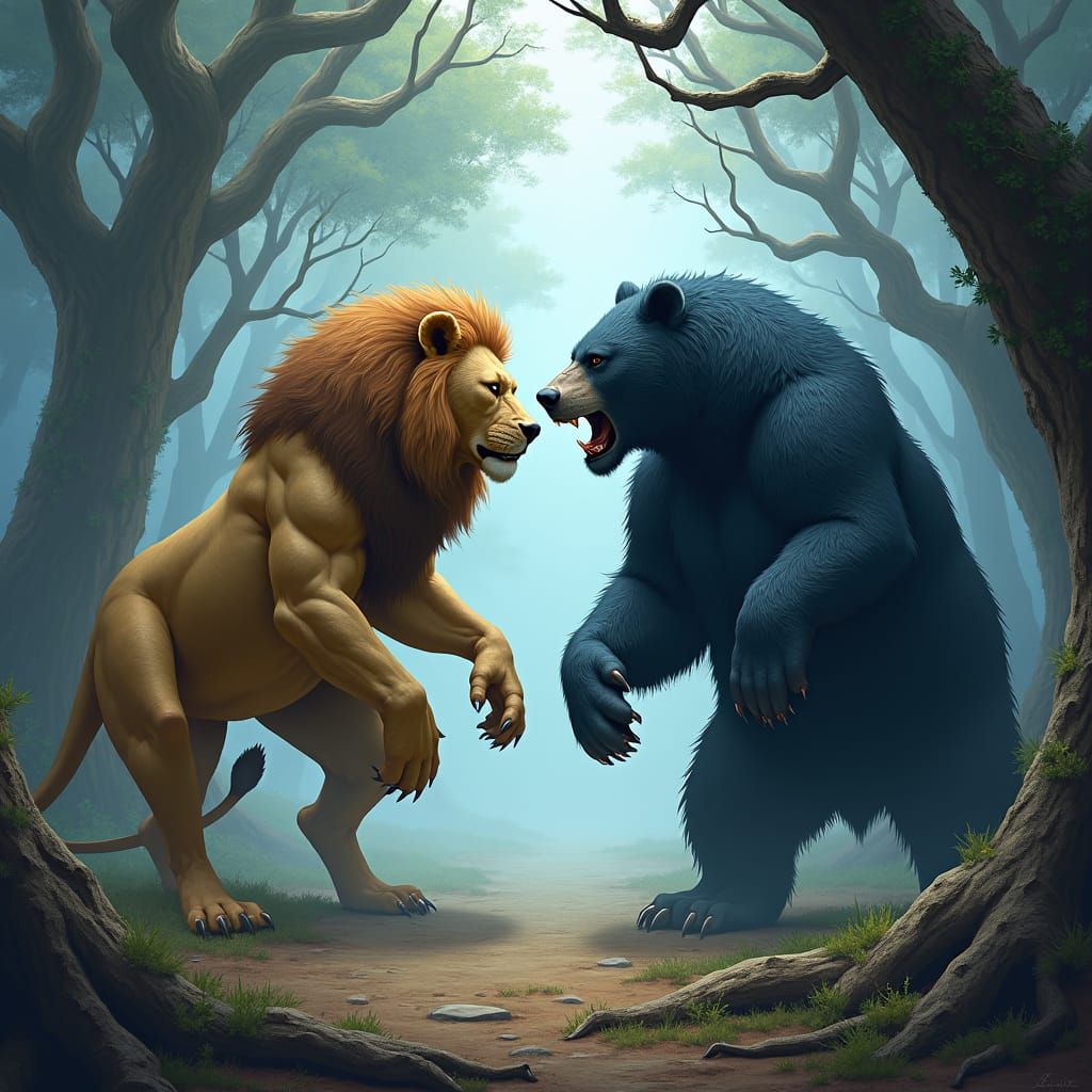 Lion Versus Bear in Dramatic Forest Standoff