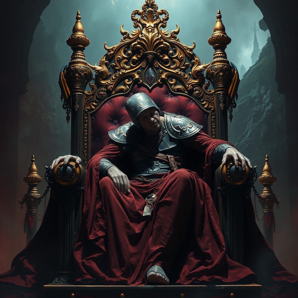 Weary King on Throne in Mystical Realm