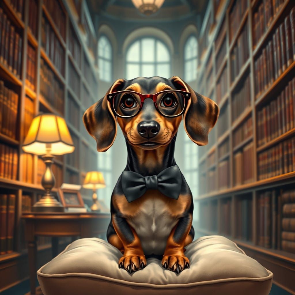 Wiener Dog in a Whimsical Library Scene with Vintage Flair