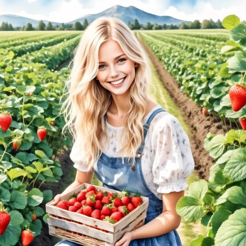 Woman in Strawberry Field, Watercolour Style