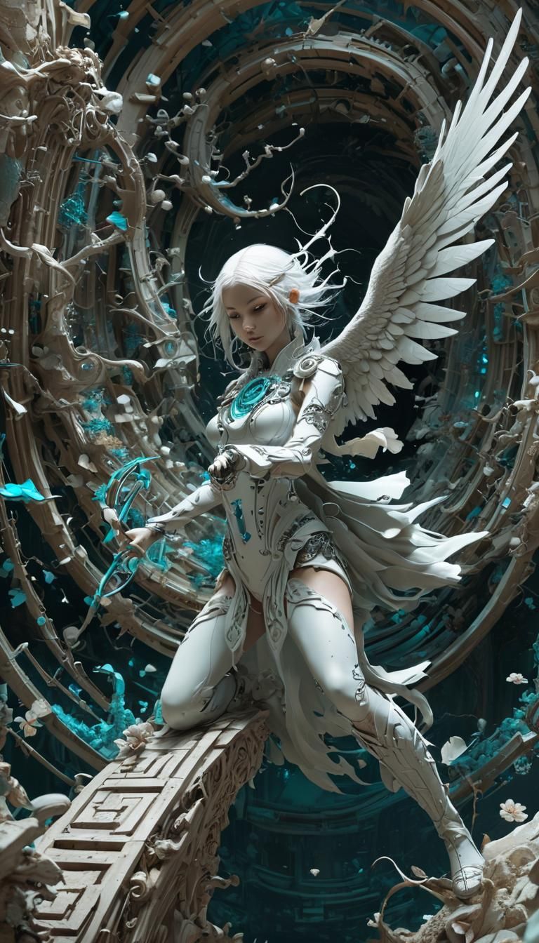 Whimsical Fantasy Angel in a Maze of Turquoise and White