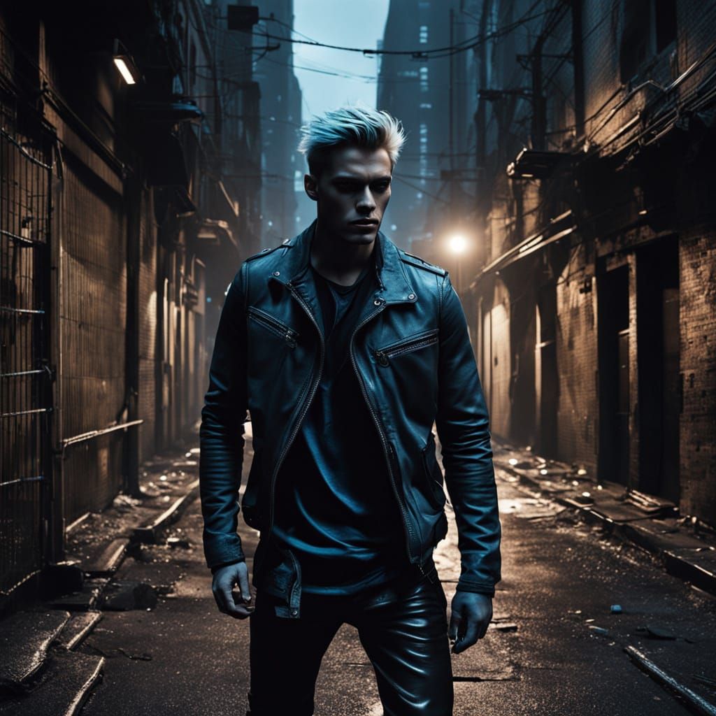 Male model with icy blue eyes, angular features, and short faded ash-blonde hair. Wears a long mesh shirt under a charco...