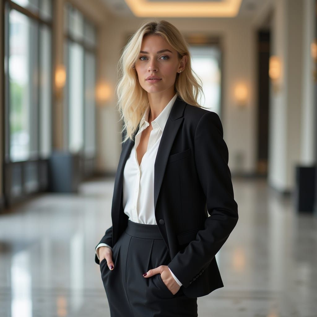 Professional Woman in Office Lobby, Hyperrealistic Photo