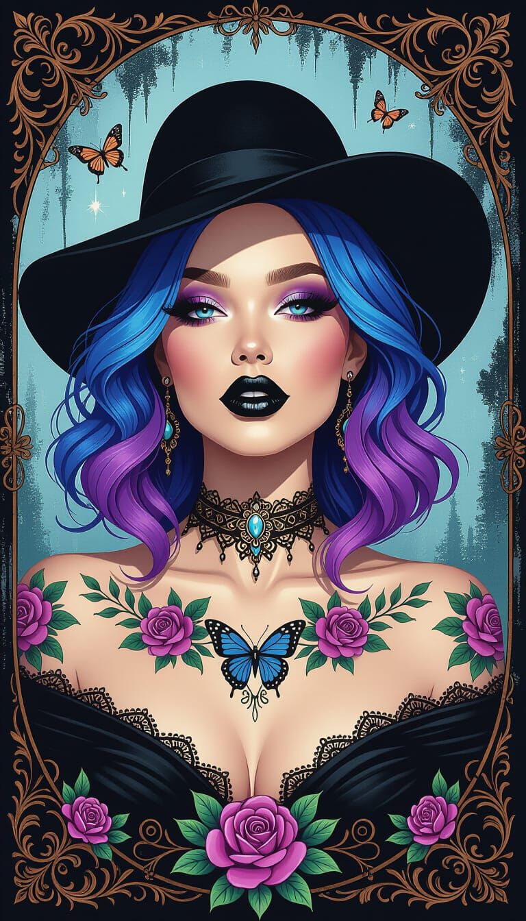 Boho-Gothic Woman with Floral Tattoos as Digital Art
