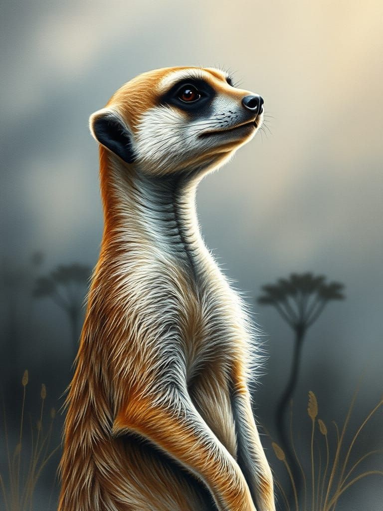 Portrait, upright meerkat, misty savannah, night, moody, golden outlines, watercolor, dean crouser, josephine wall