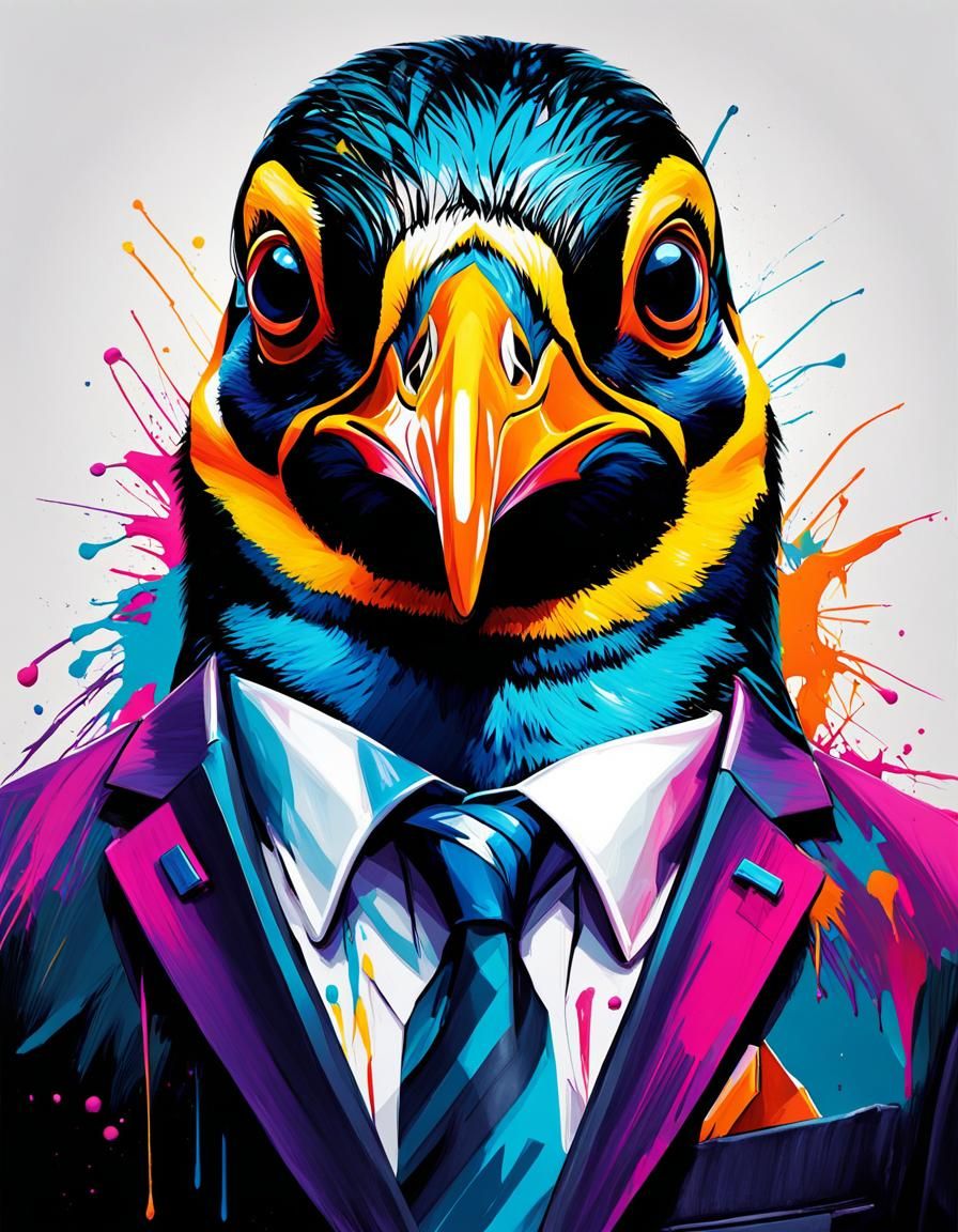 Hipster Penguin Portrait in Graffiti Art Style
