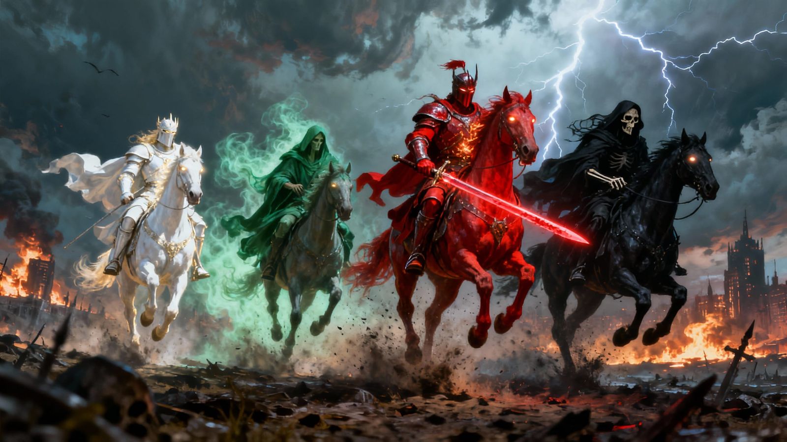 Four Horsemen Ride Storm-Torn Battlefield in Epic Fantasy