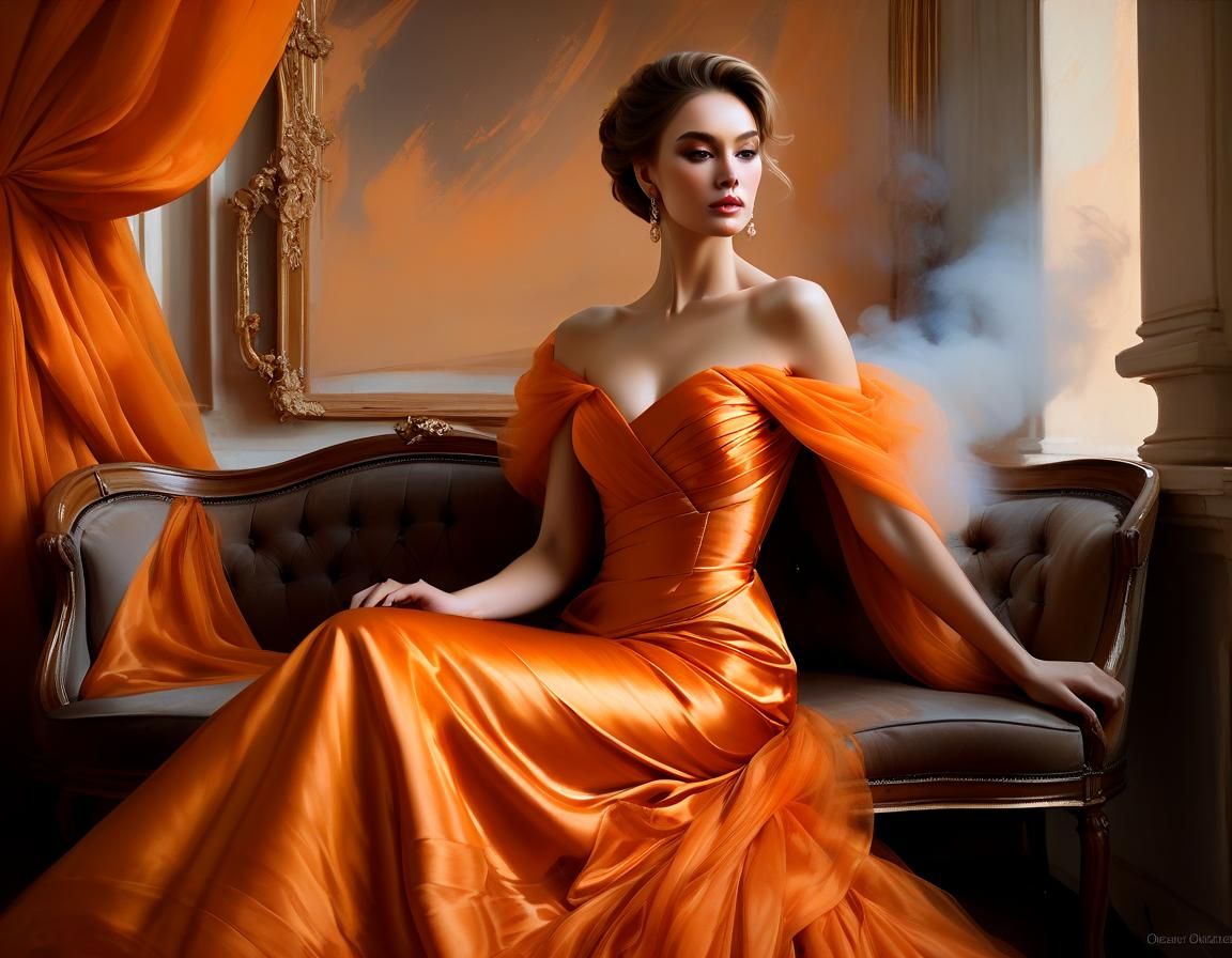 Elegant Woman in Orange Gown: Oil Painting Portrait