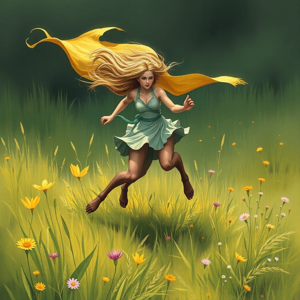 Centaur Woman Runs Through Lush Meadow
