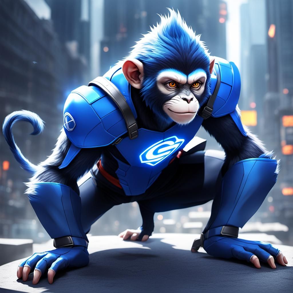 Blue Monkey Superhero in Detailed 3D Anime Art