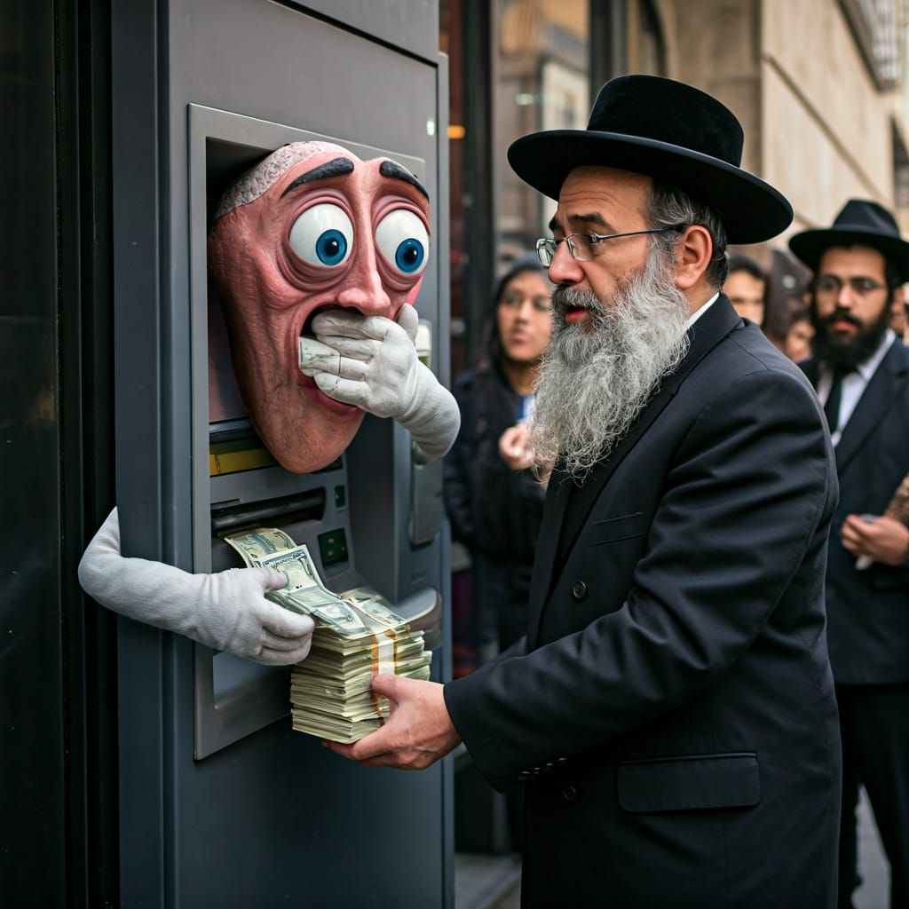 Orthodox Man Overloads ATM in Whimsical Street Photo