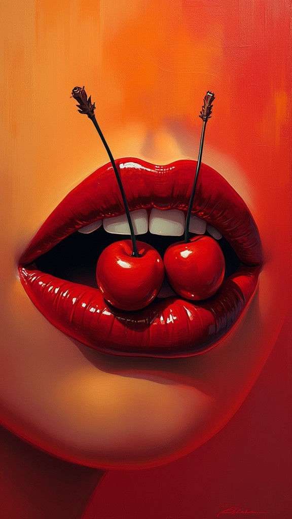 a close-up of glossy shiny red lips with a pair of red cherr...