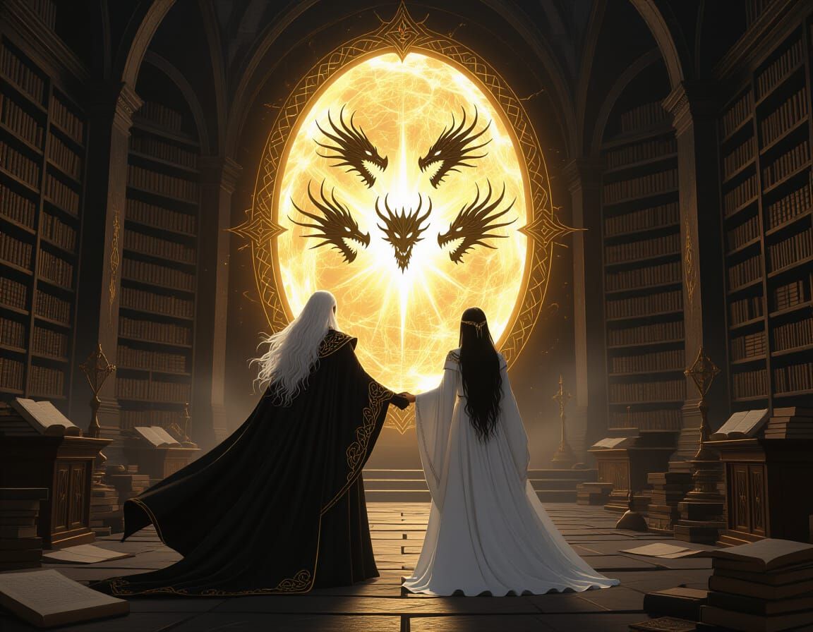 Dark Wizard and Priestess Before Blazing Portal