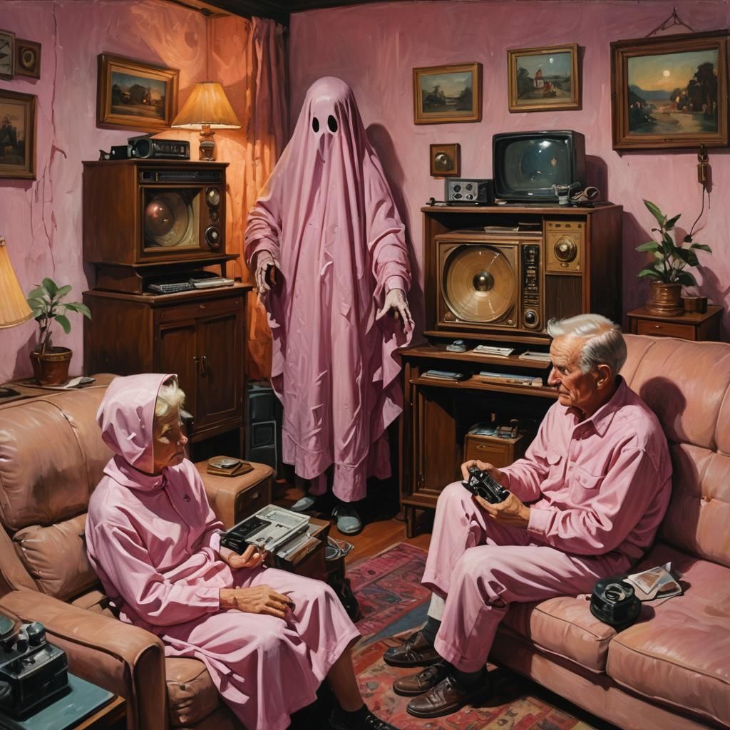 Ghost and Friend Listening to Radio, Oil Painting