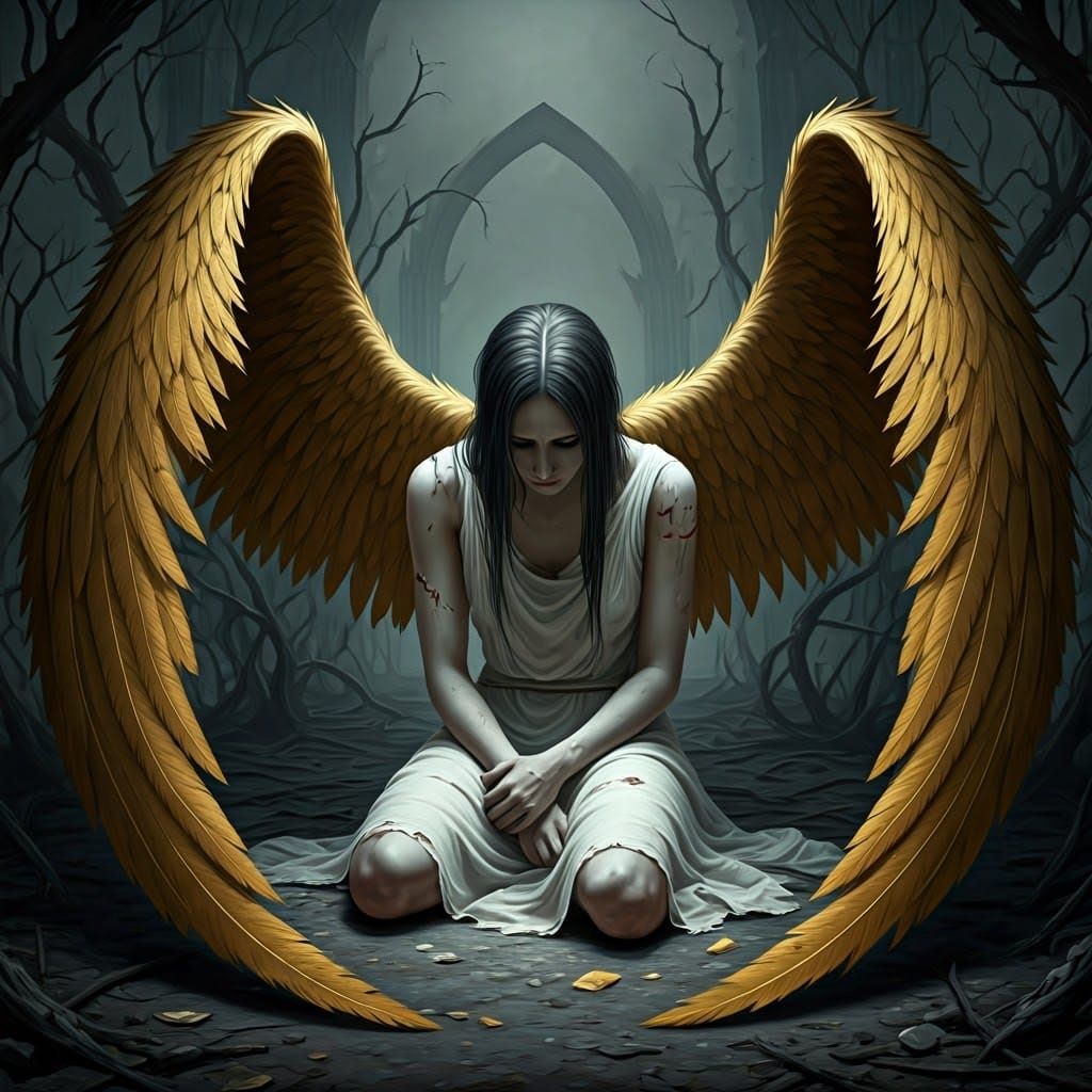 Desolate Fallen Angel in Dark Fantasy Garden