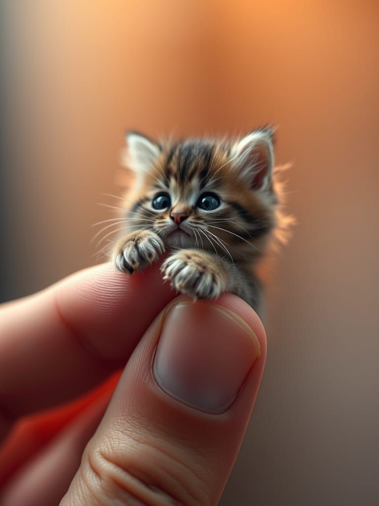 Tiny, Photorealistic Cat Perched on Human Finger