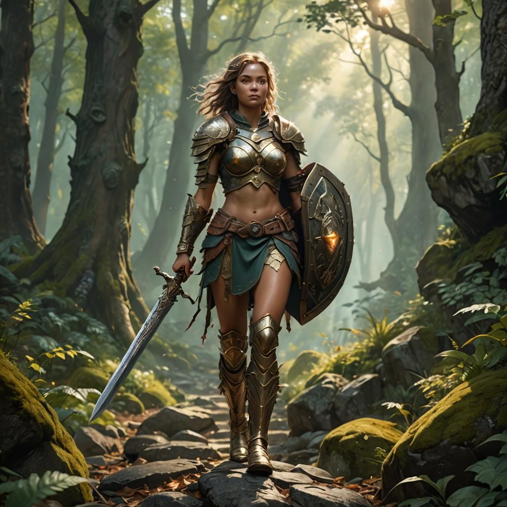 Warrior Nymph in Magical Forest: Detailed Fantasy Art