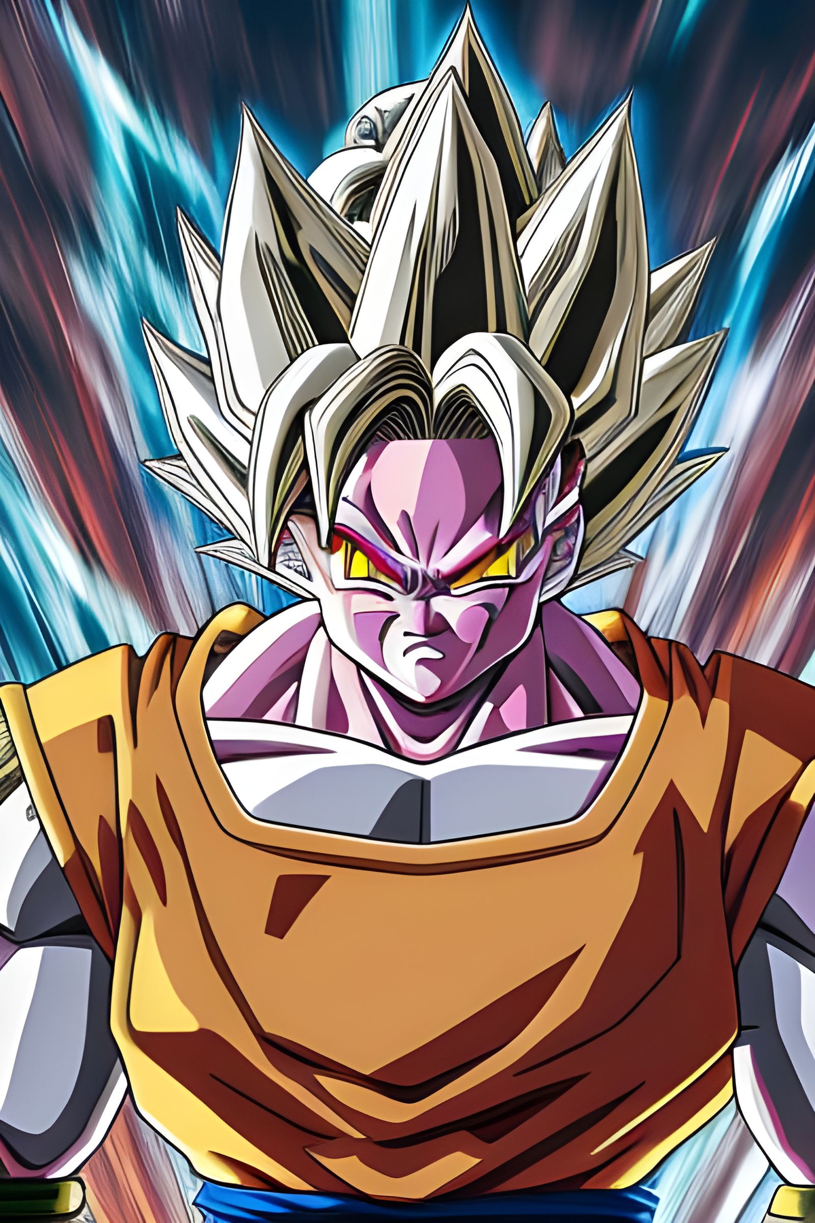 Super Saiyan Majin Buu sharp detailed face goku absorbed, dome house in the background, dragonballz, 8k resolution conce...