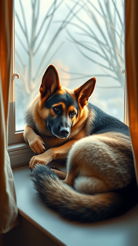 Surreal German Shepherd Purring on Window Seat