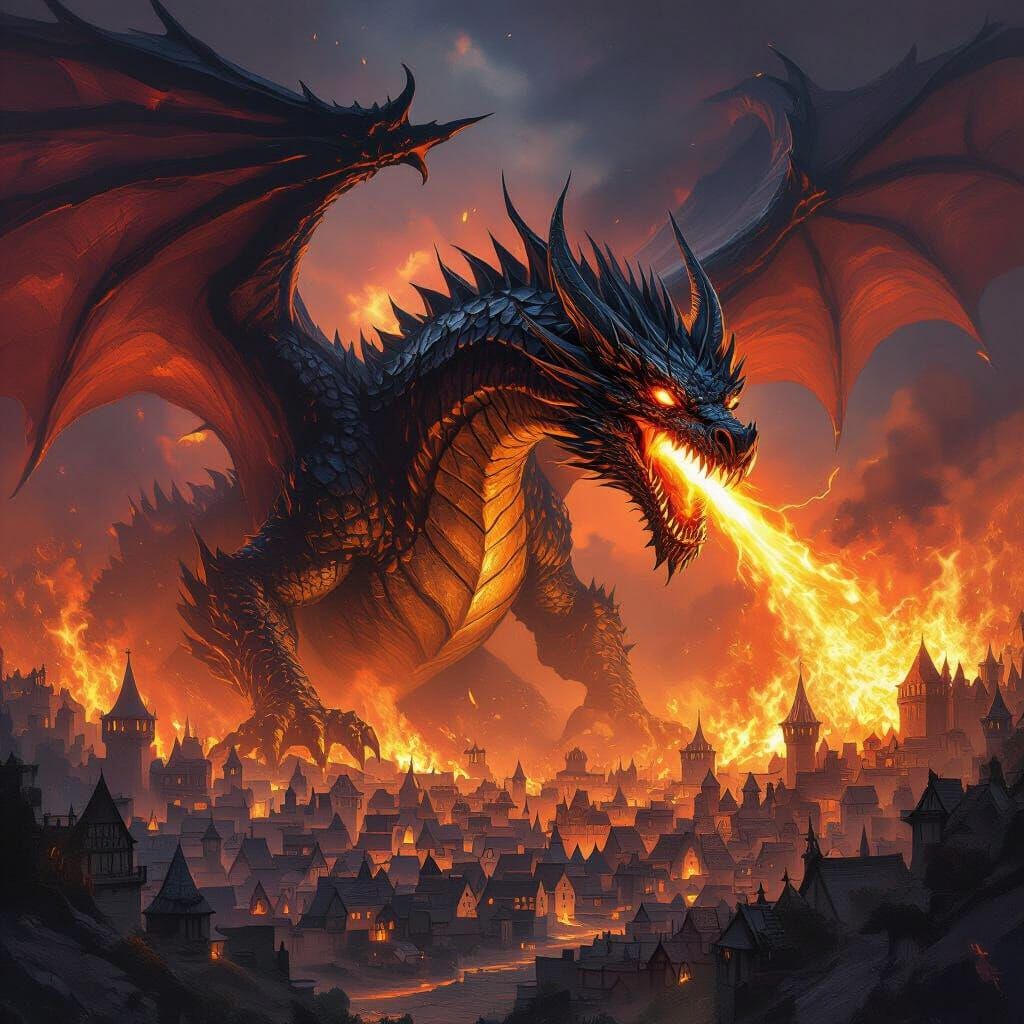 Colossal Dragon Unleashes Inferno on Medieval Town