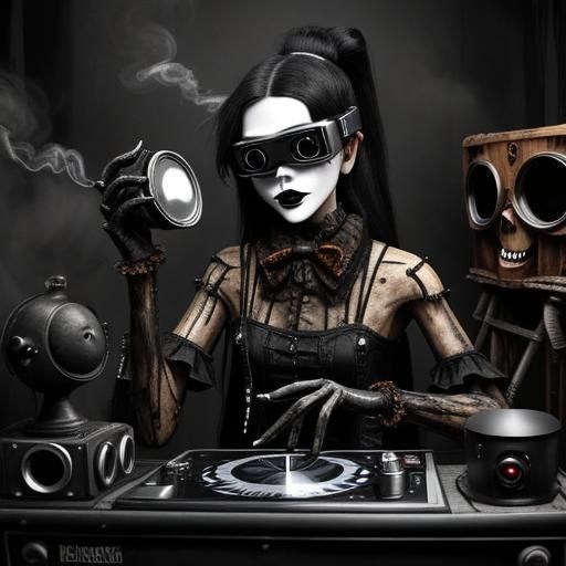 Haunted Cyberpunk Ventriloquist Dummy in Black and White