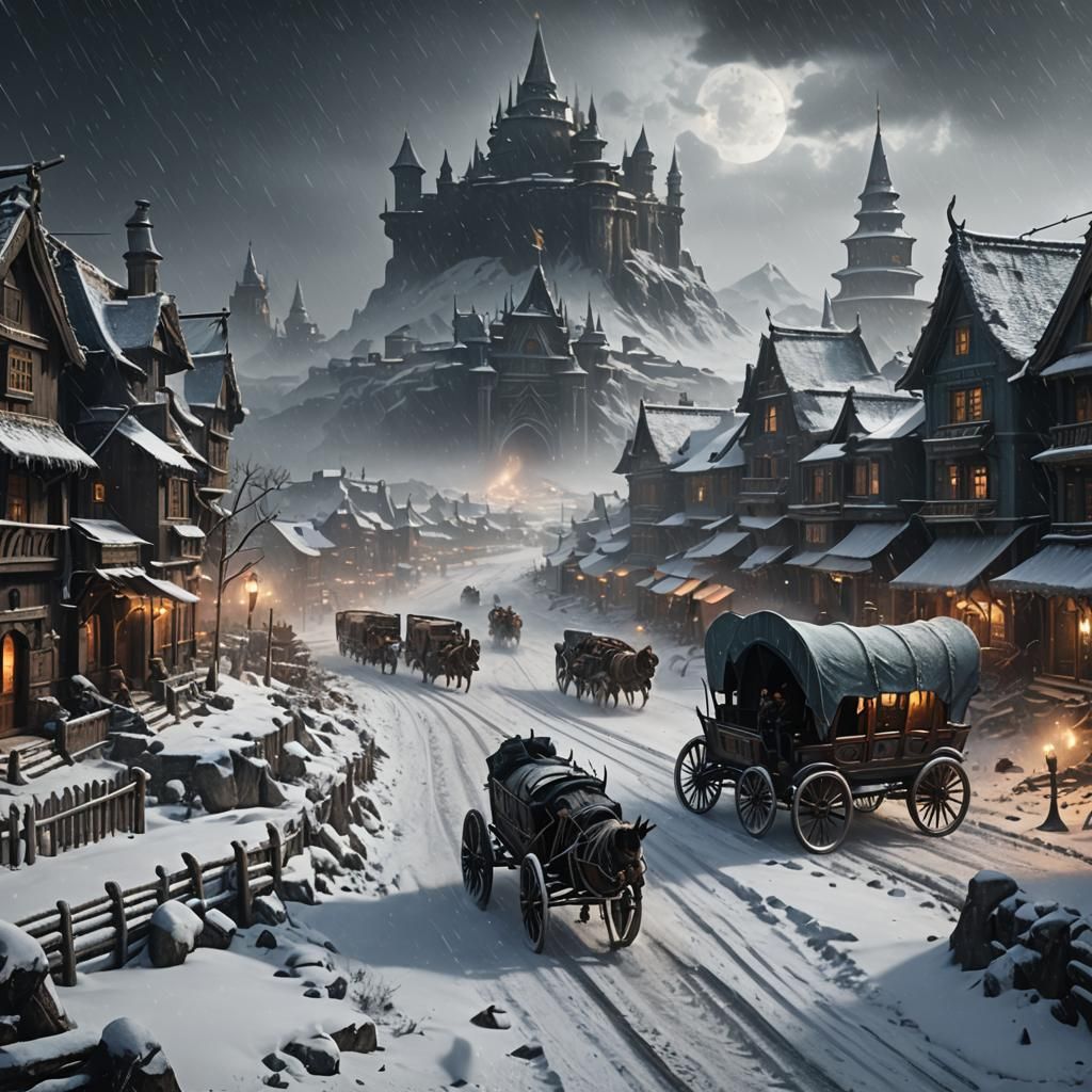 Wagon Caravan Arriving at City in Blizzard