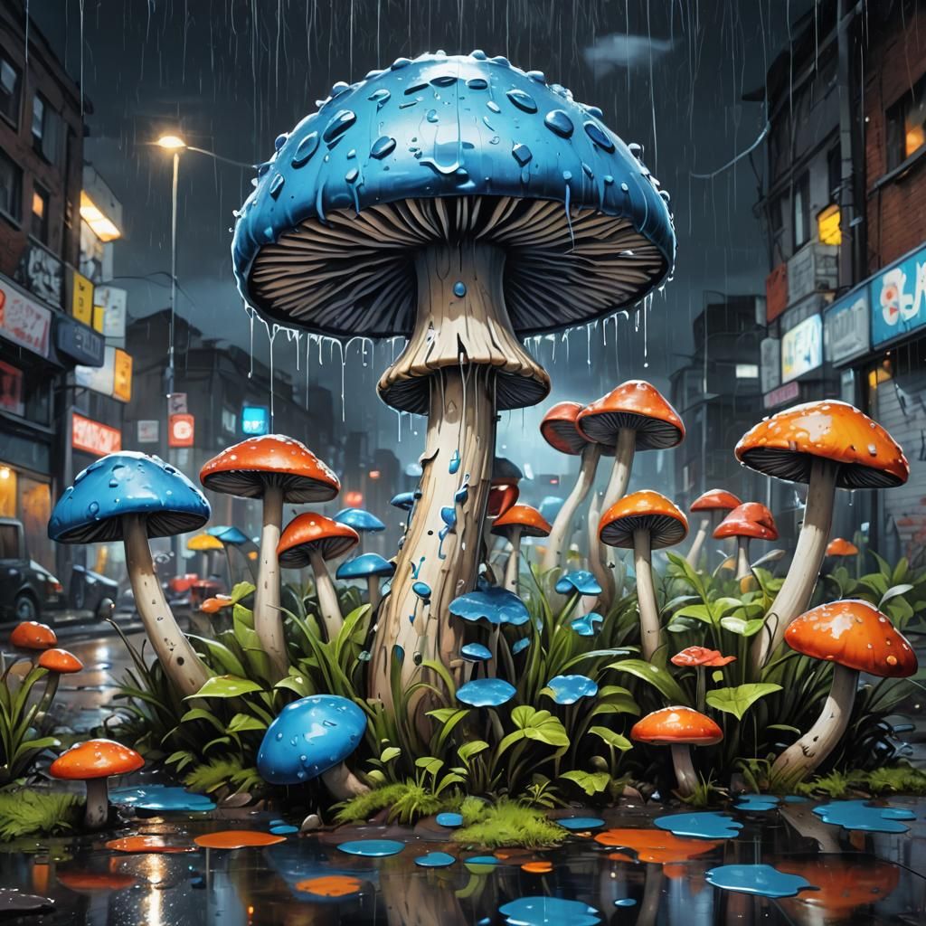 Blue Mushroom in Rainy Night: Graffiti Art