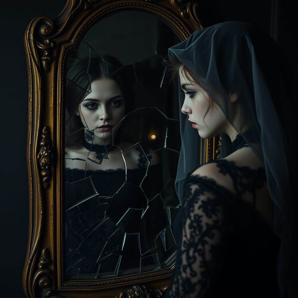 Ethereal Portrait of a Woman in a Shattered Mirror