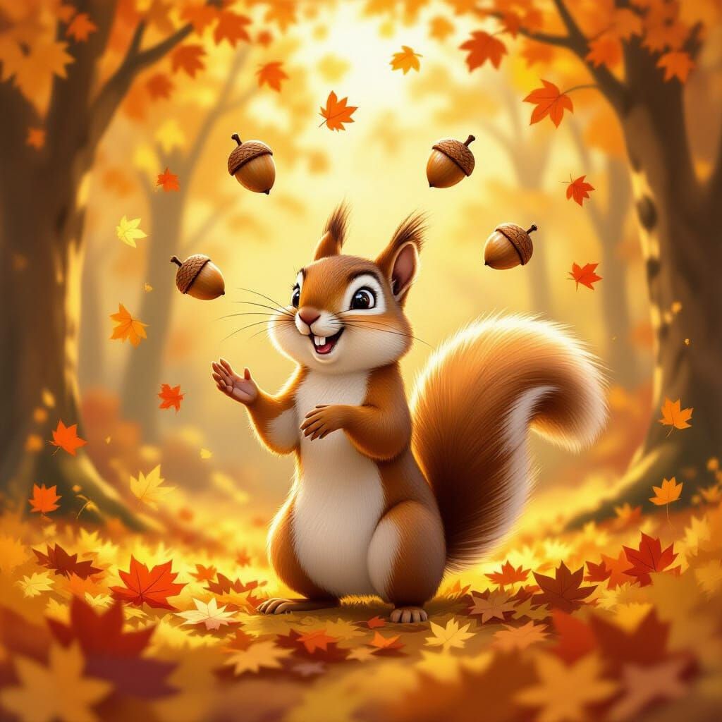 Whimsical Squirrel Juggles Acorns in Golden Autumn Forest