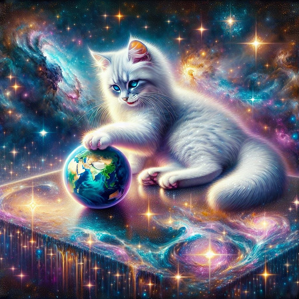 Celestial Cat Observes Earth in Magical Realism Style