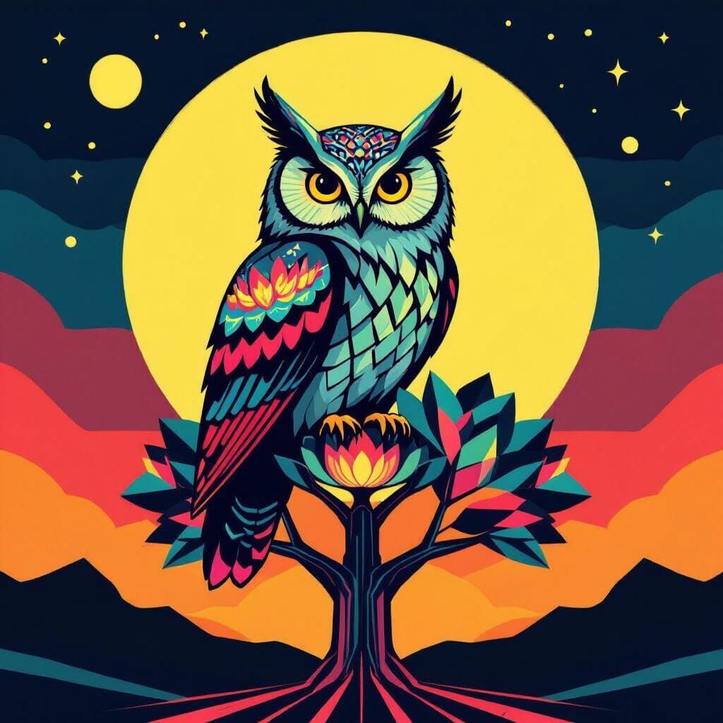 Bioluminescent Owl on Geometric Tree in Pop Art Style