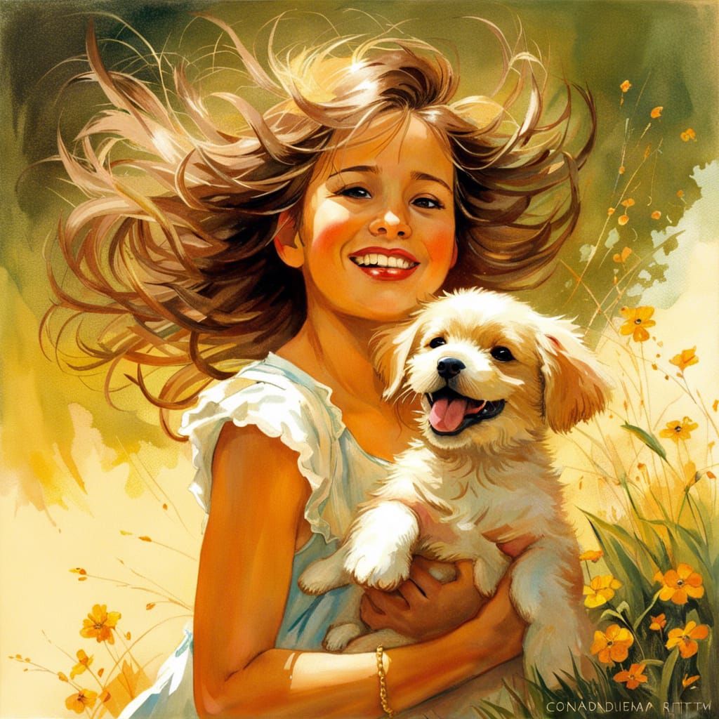 Joyful Girl with Puppy in Garden