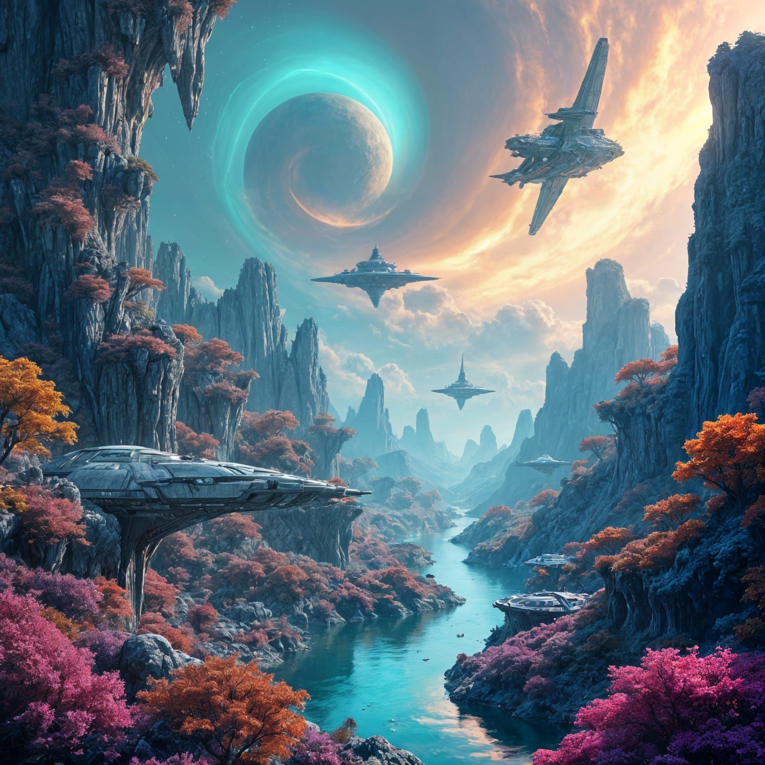Lush Technologically Advanced Planet in Matte Painting Style