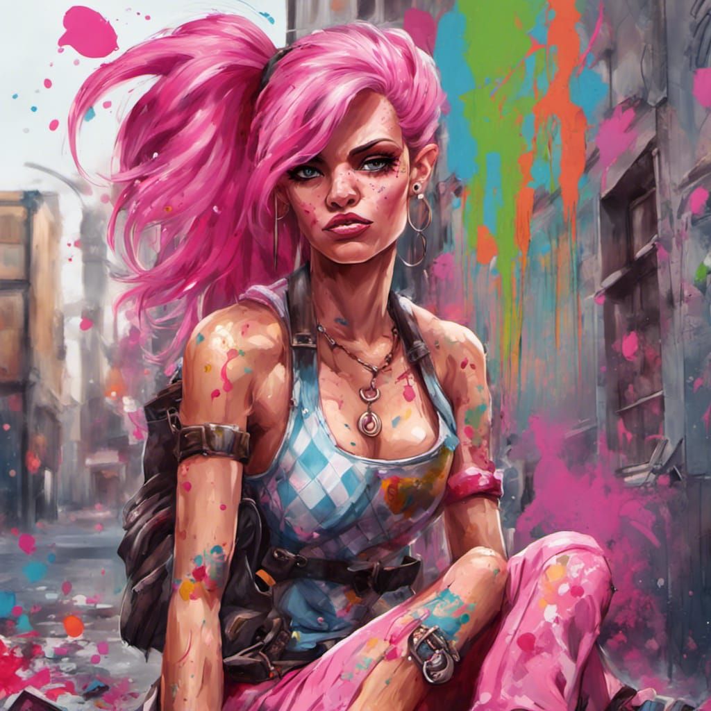 Half-Orc Barbie with Pink Hair in Graffiti Art Style