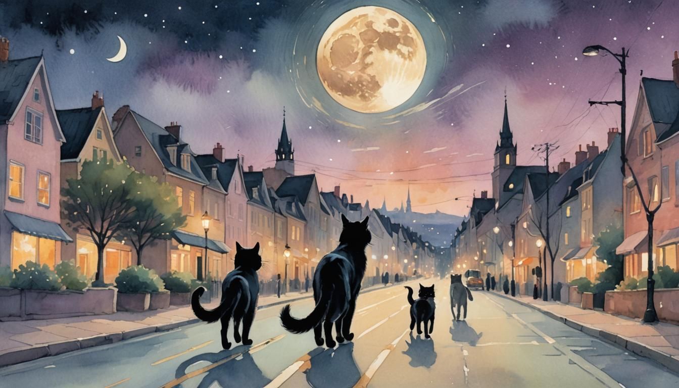 Black Cat in Moonlit City: Pastel Watercolor Illustration
