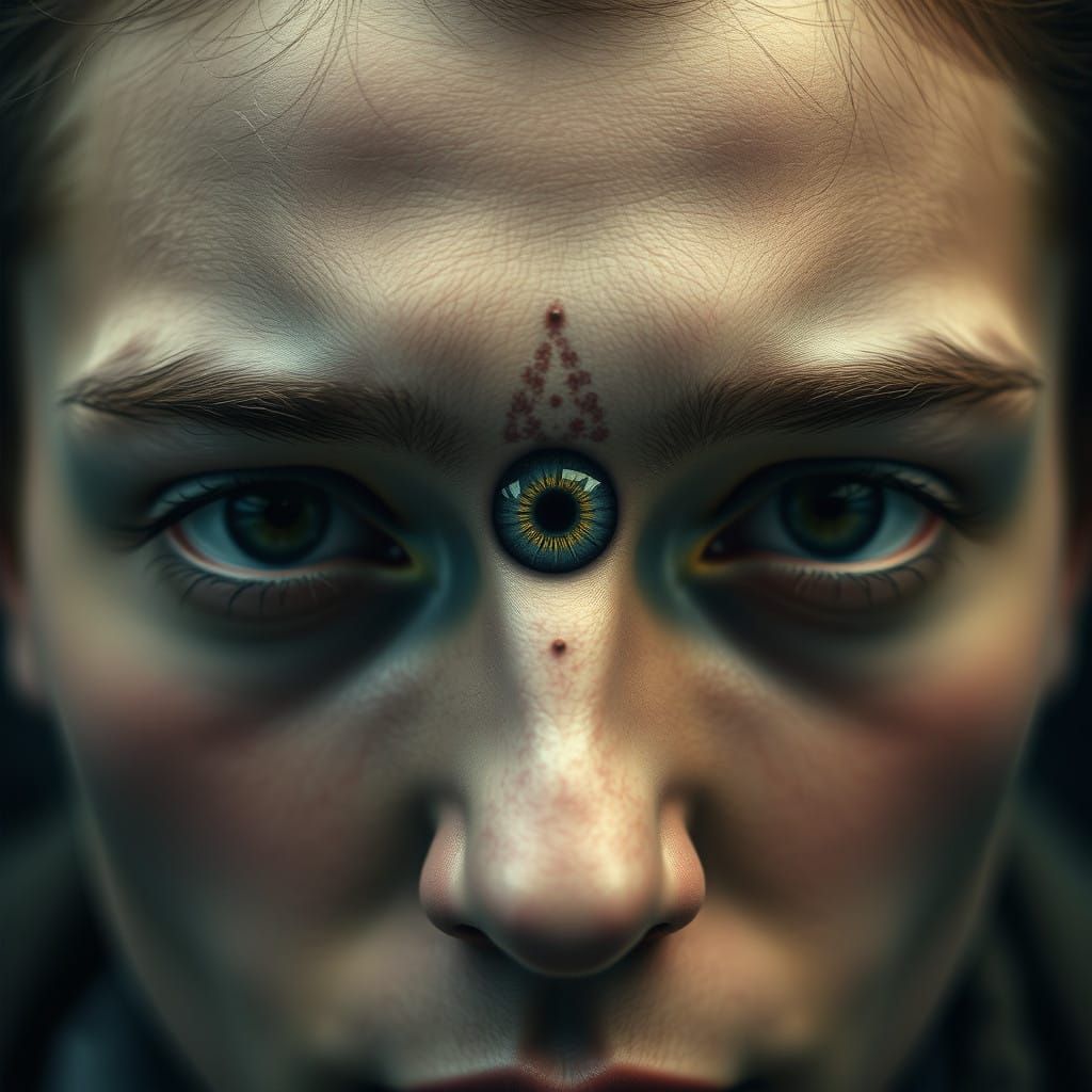 Hyperrealistic Portrait of a Person with a Third Eye