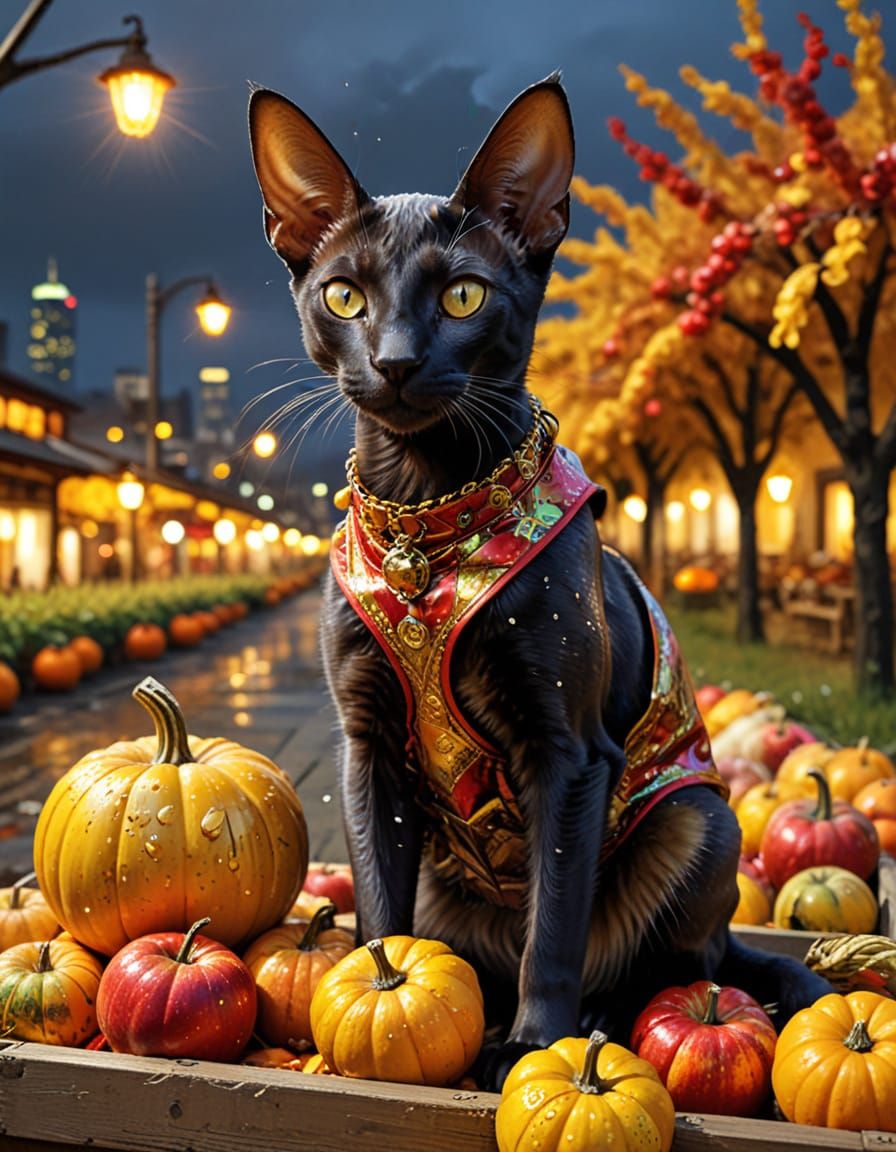 Steampunk Cat in Autumn Harvest Scene