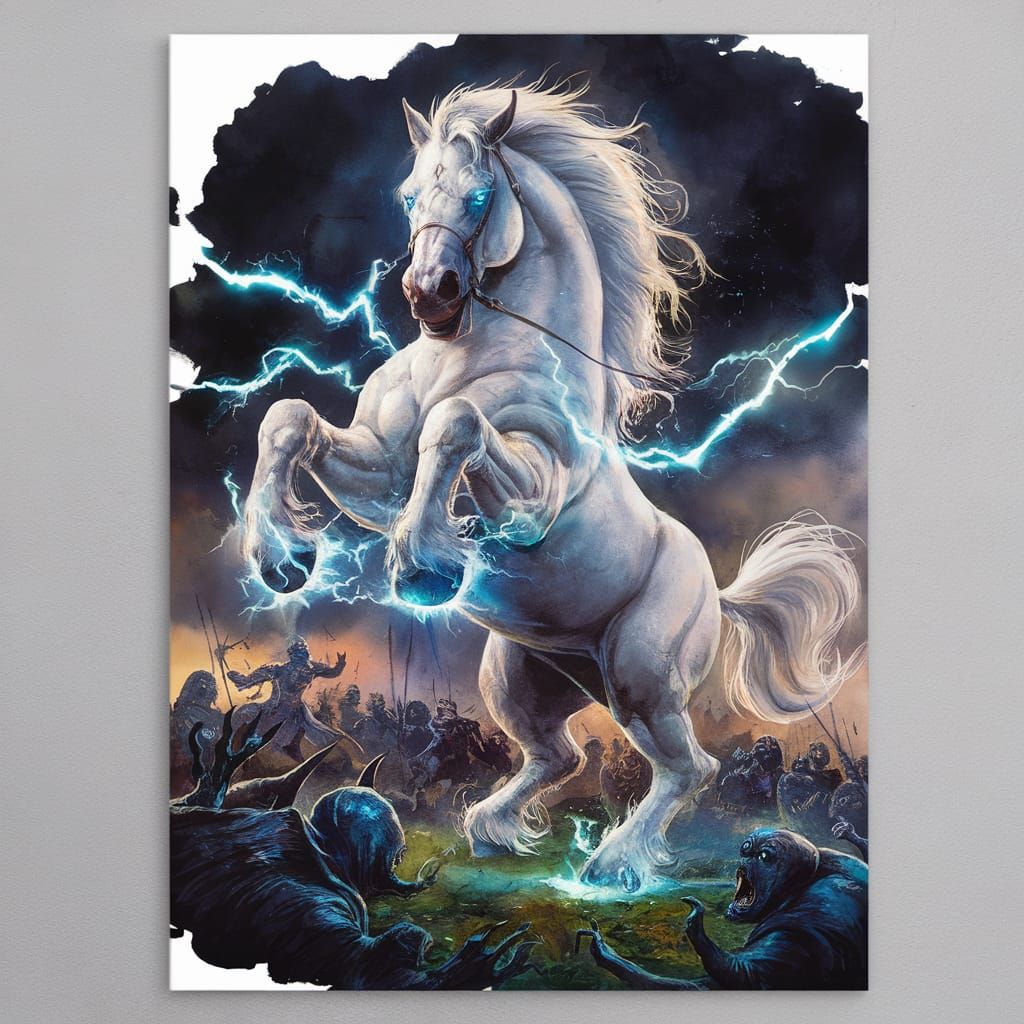 Majestic War Horse Emitting Blue Electricity, Watercolor