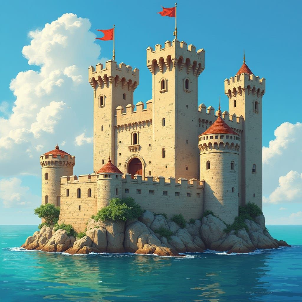 Fairytale Medieval Castle on Coast in Surreal Style