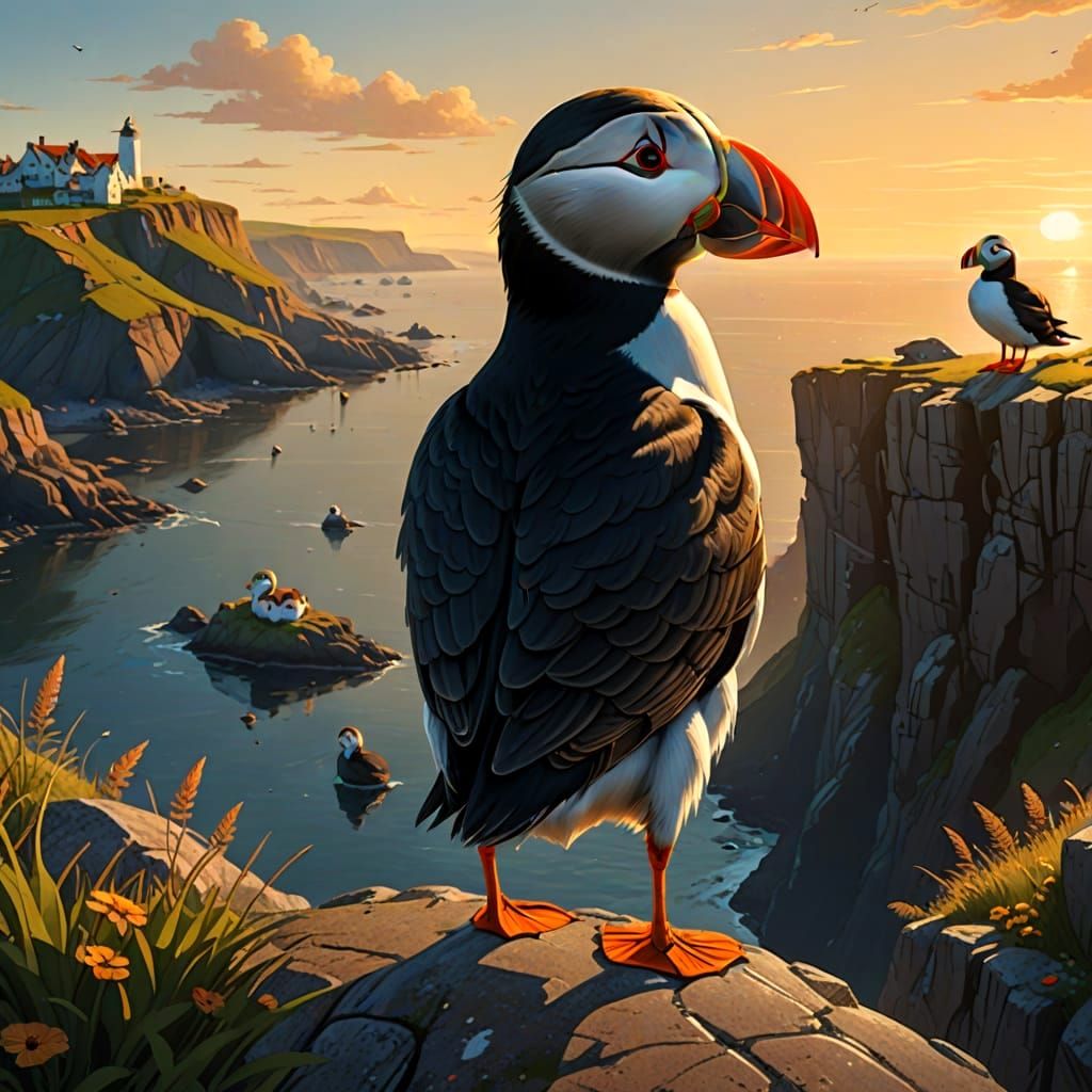 Two puffins by the sea.