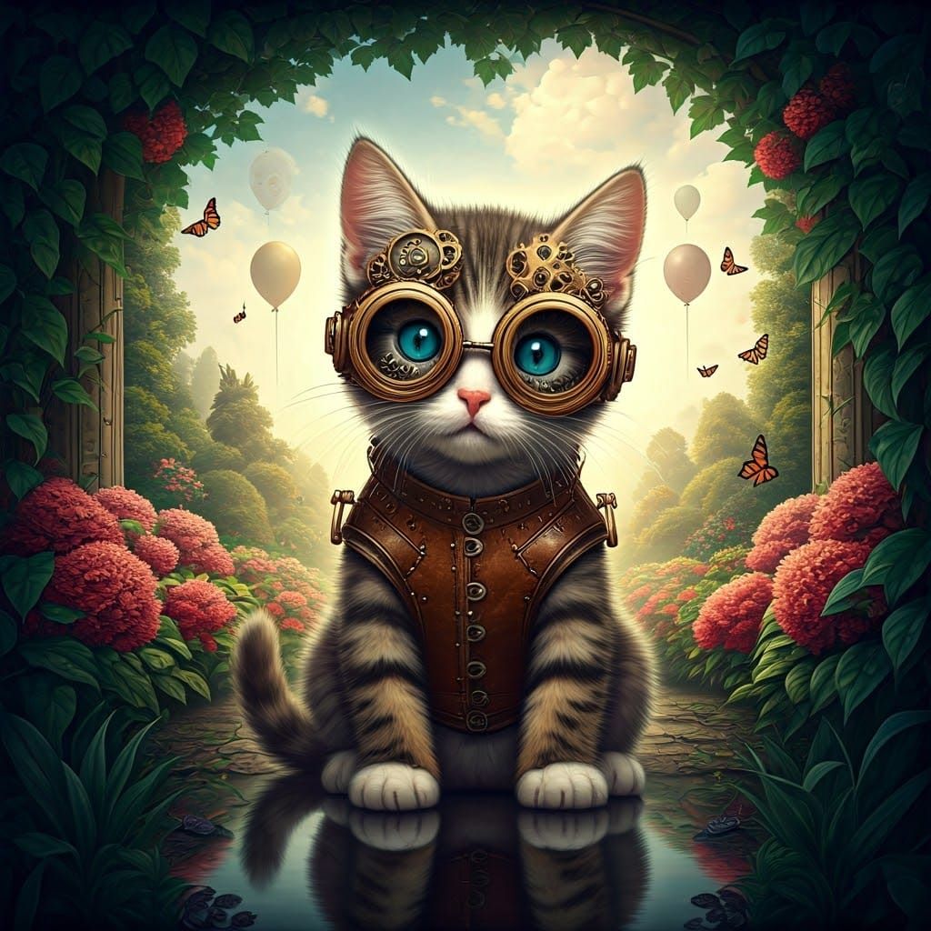 Steampunk Kitten in Victorian Garden Oil Painting