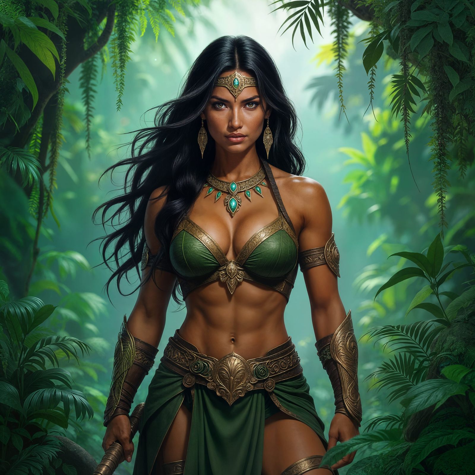 Beautiful Amazon Queen in Jungle, Hyperrealistic Style