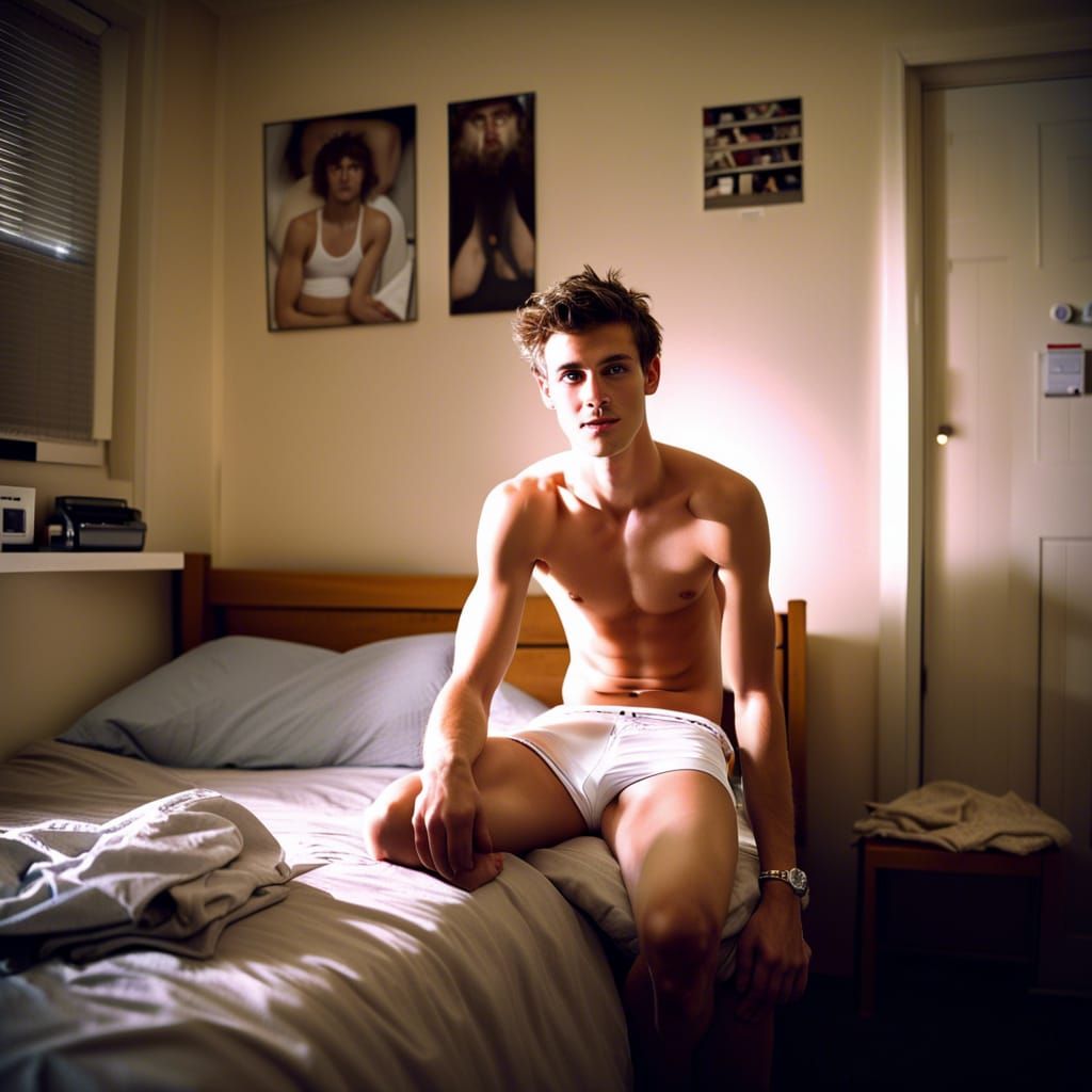 Pensive Lad Chilling in Dorm Room, Film Photography