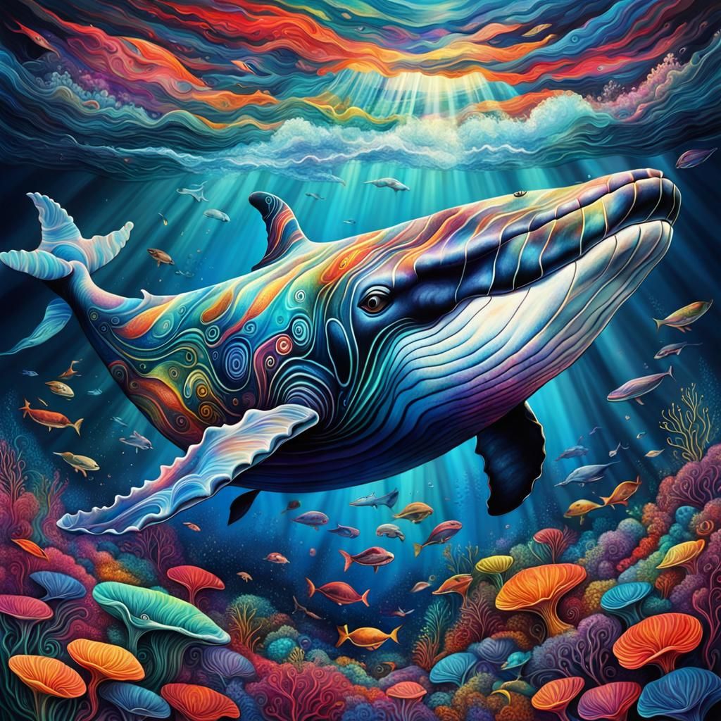 Psychedelic Whale Swimming in Colorful Ocean