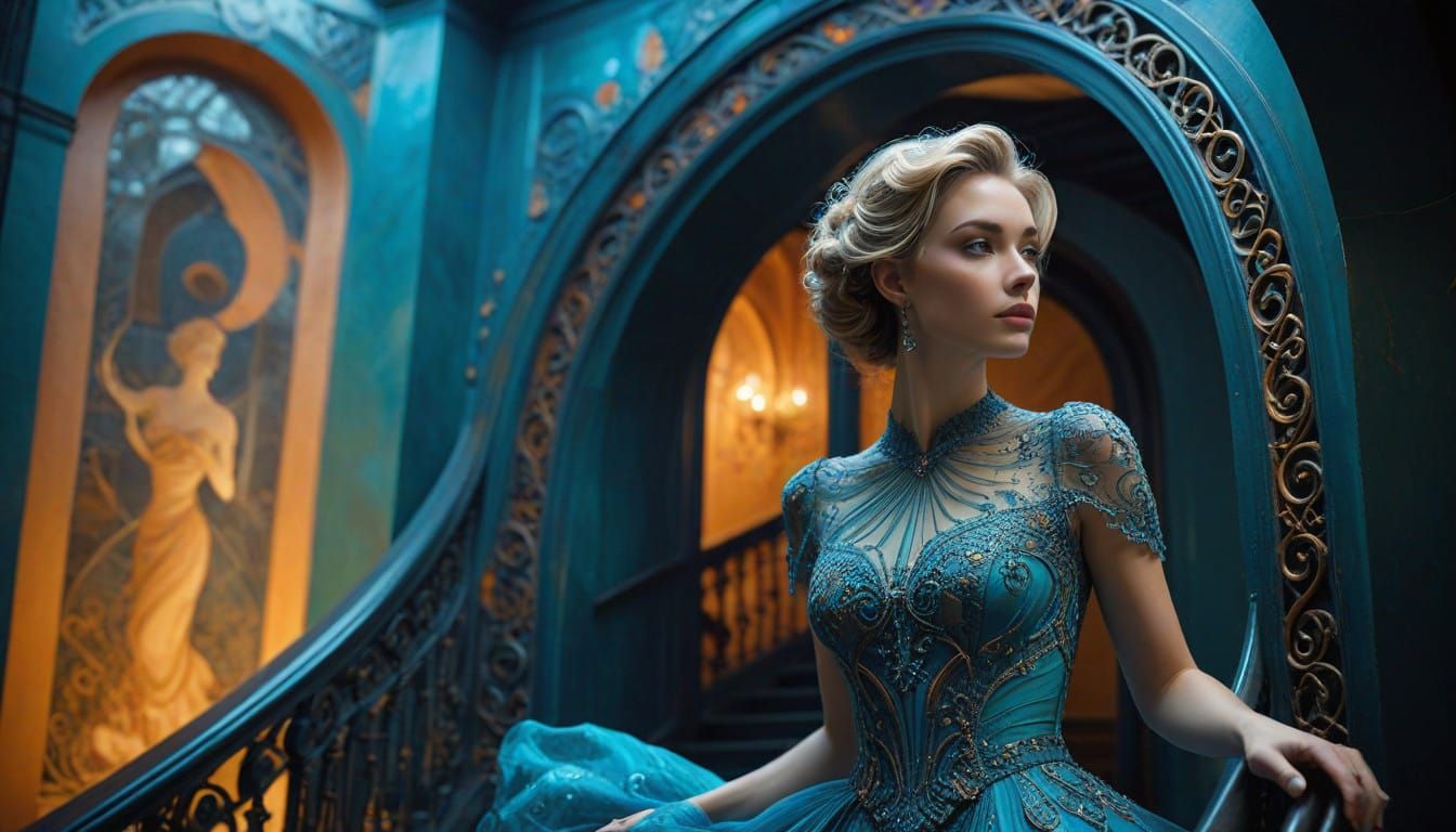 Woman in Lavish Gown Ascends Grand Staircase Amidst Geometri...