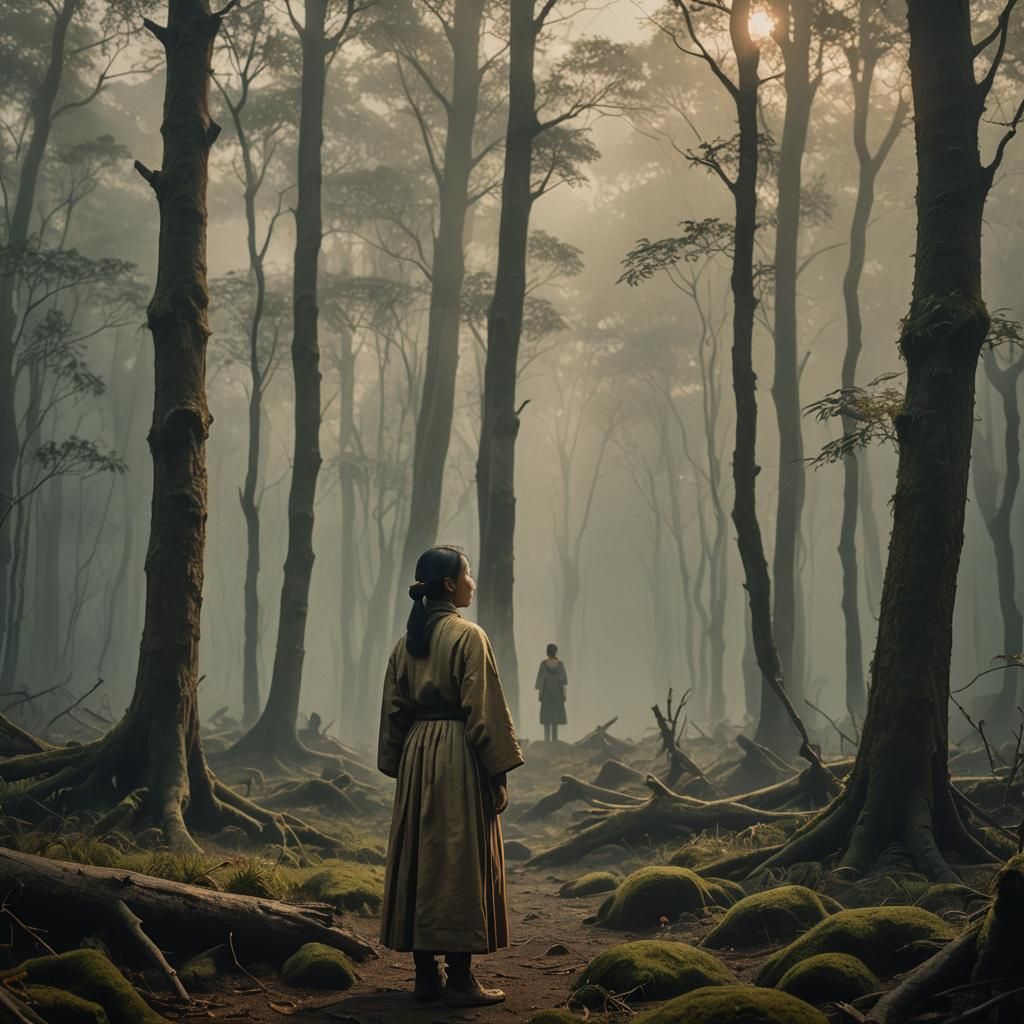 Jianzhi Woman in Misty Forest: Cinematic Oil Painting