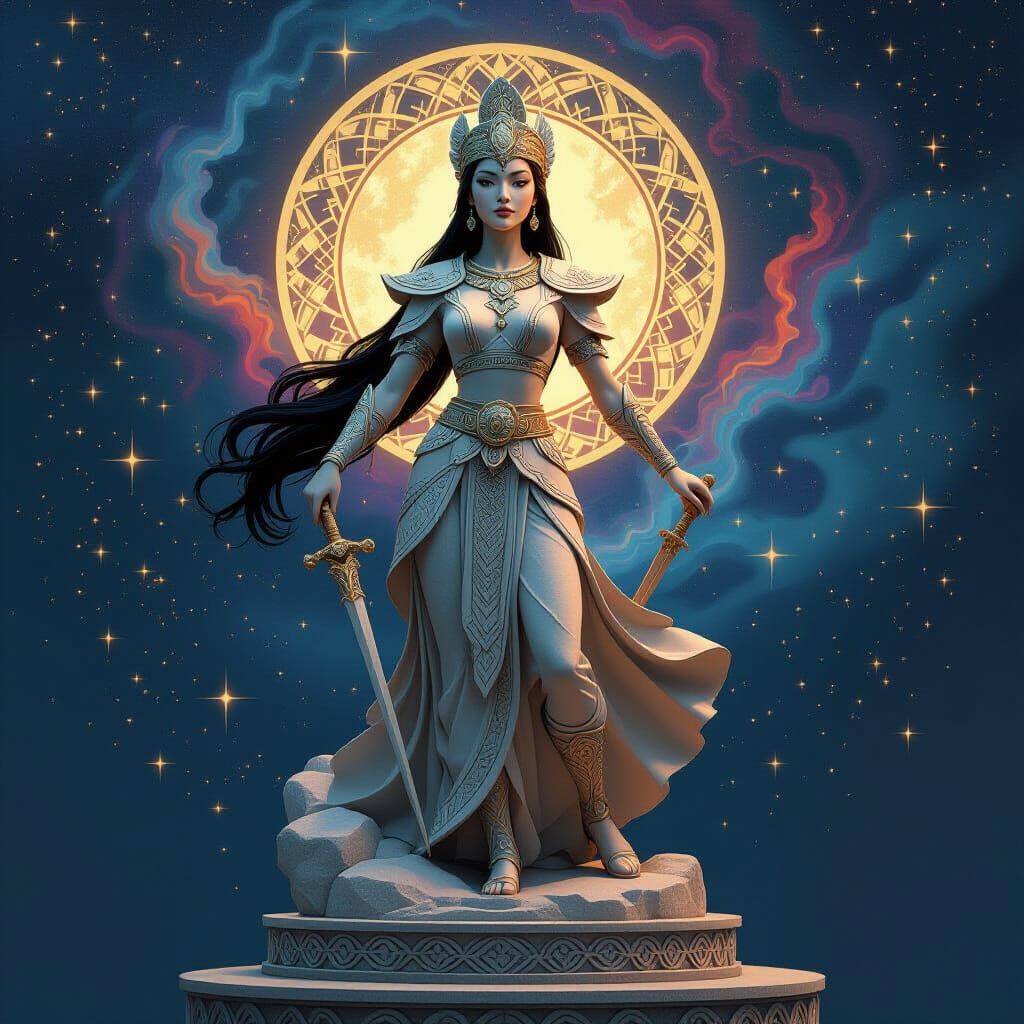 Majestic Hmong Warrior Statue in Cosmic Nebula