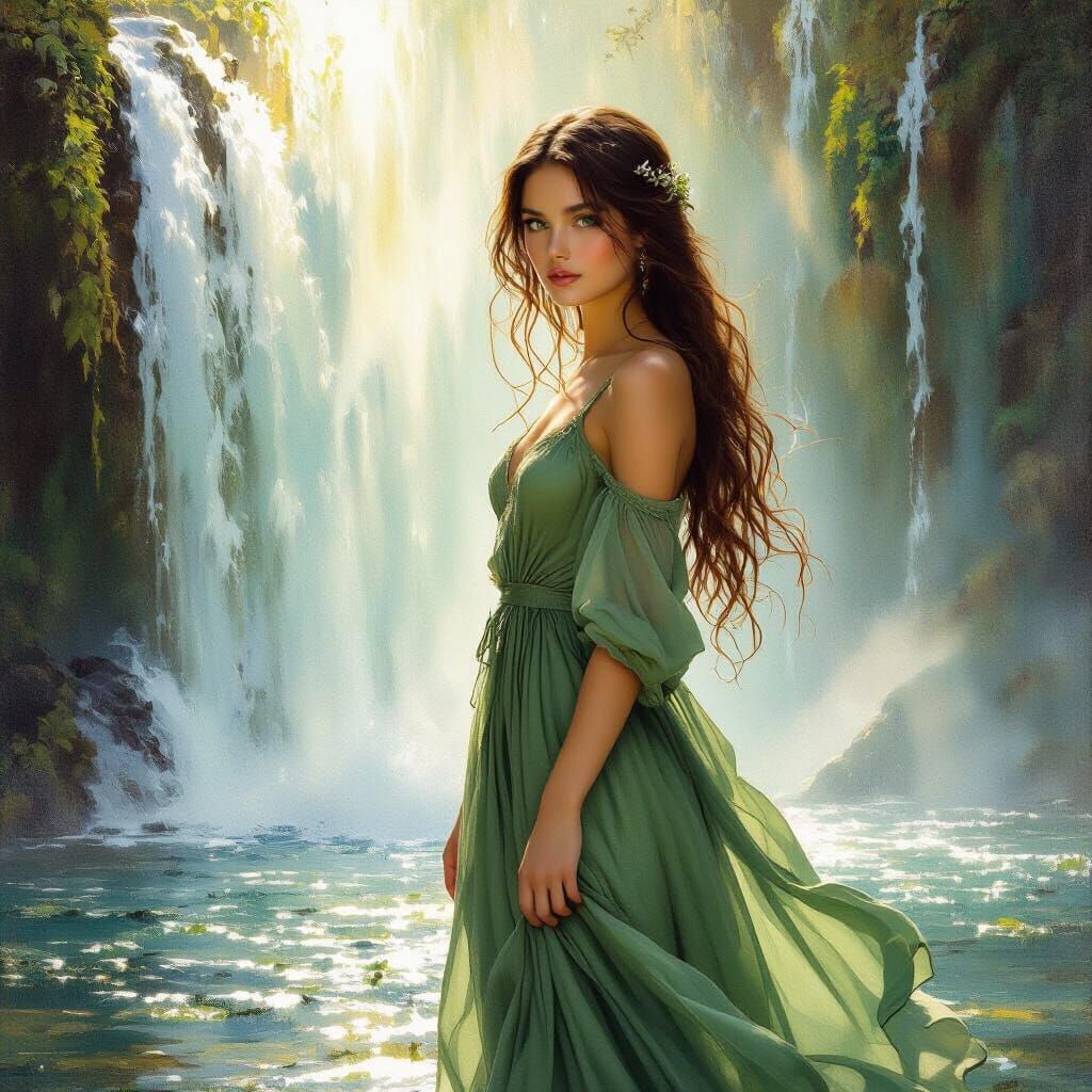 Young Woman Before Waterfall in Romantic Oil Painting Style