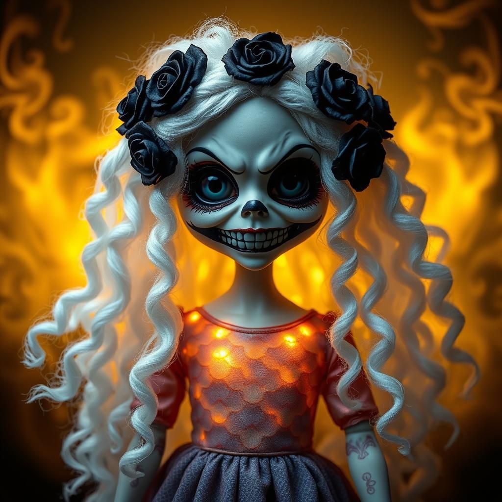 Spooky Doll with Haunted Eyes and Golden Aura